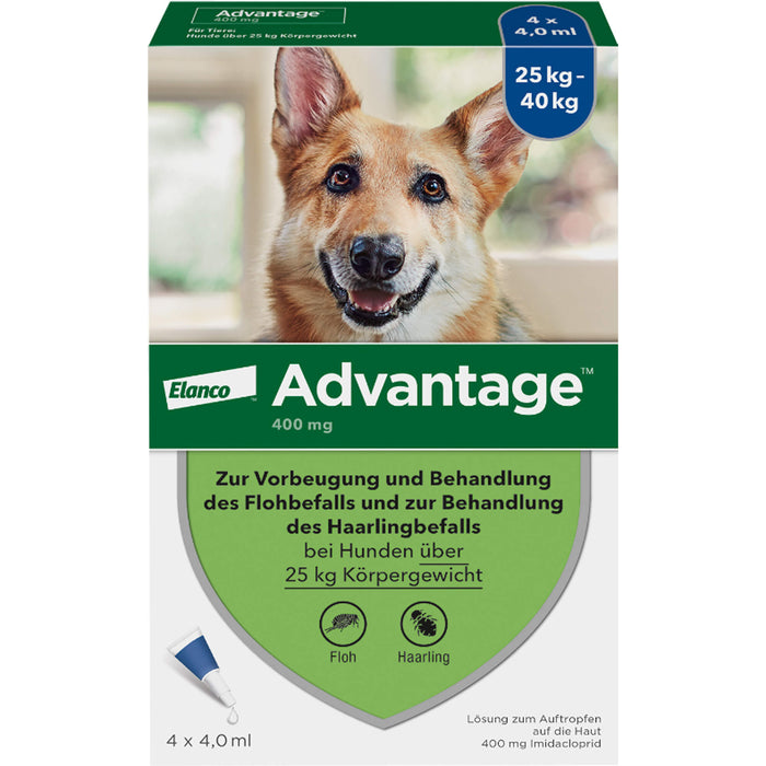 Elanco Advantage 400 bei Hunden 25 kg - 40 kg Lösung zur Vorbeugung und Behandlung des Floh- und Haarlingsbefalls, 4 St. Ampullen