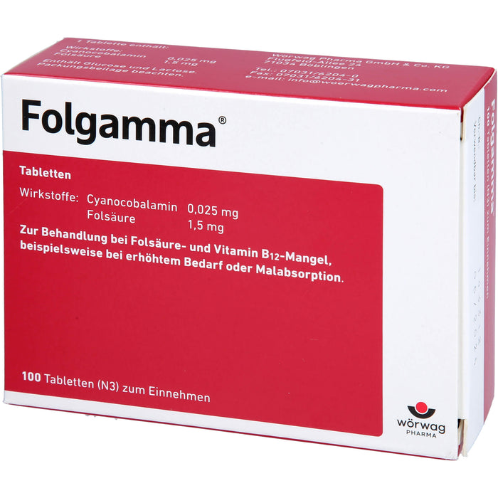 Folgamma Tabletten bei Folsäure- und Vitamin B12-Mangel, 100 pc Tablettes