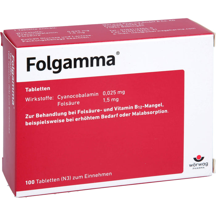Folgamma Tabletten bei Folsäure- und Vitamin B12-Mangel, 100 pc Tablettes