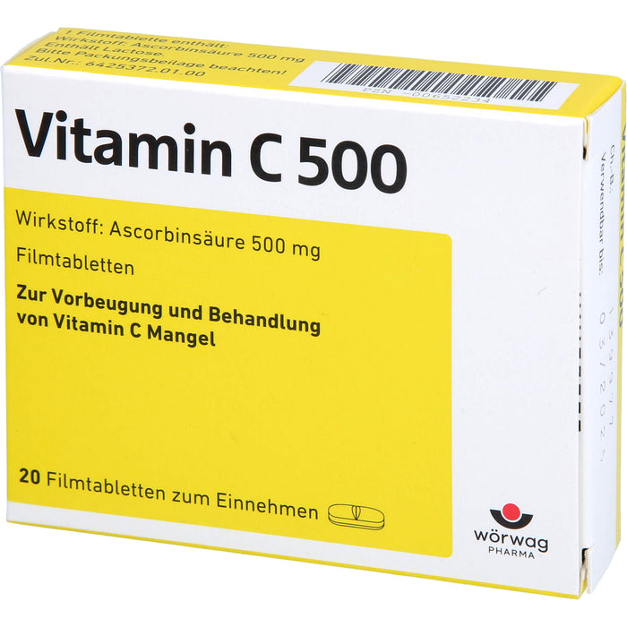 Wörwag Vitamin C 500 Filmtabletten bei Vitamin C Mangel, 20 pcs. Tablets