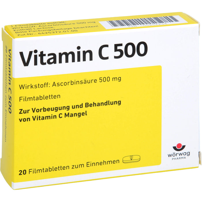 Wörwag Vitamin C 500 Filmtabletten bei Vitamin C Mangel, 20 pcs. Tablets