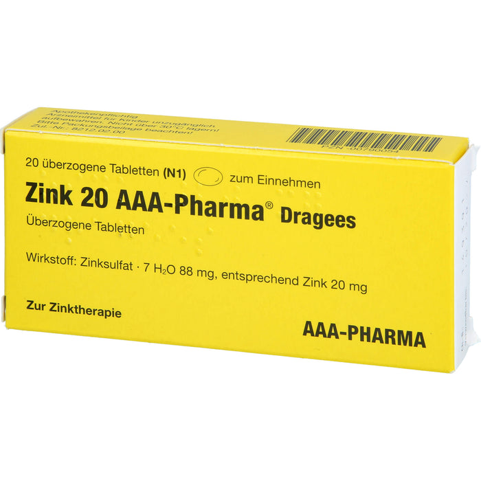 AAA-Pharma Zink 20 Dragees zur Behandlung von Zinkmangelzuständen, 20 pc Tablettes