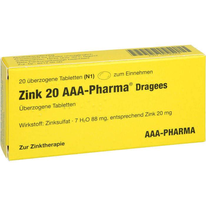 AAA-Pharma Zink 20 Dragees zur Behandlung von Zinkmangelzuständen, 20 pc Tablettes