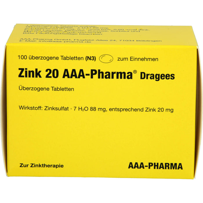 Zink 20 AAA-Pharma Dragees zur Zinktherapie, 100 St. Tabletten