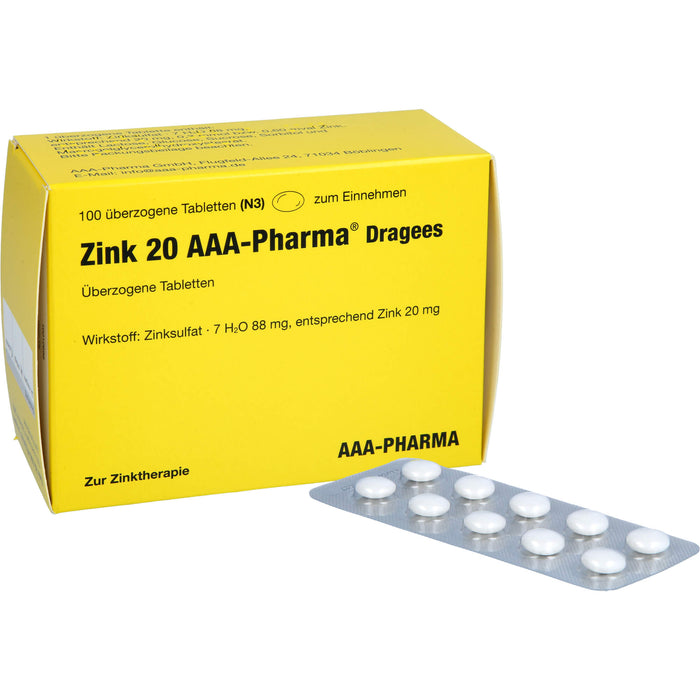 Zink 20 AAA-Pharma Dragees zur Zinktherapie, 100 pc Tablettes