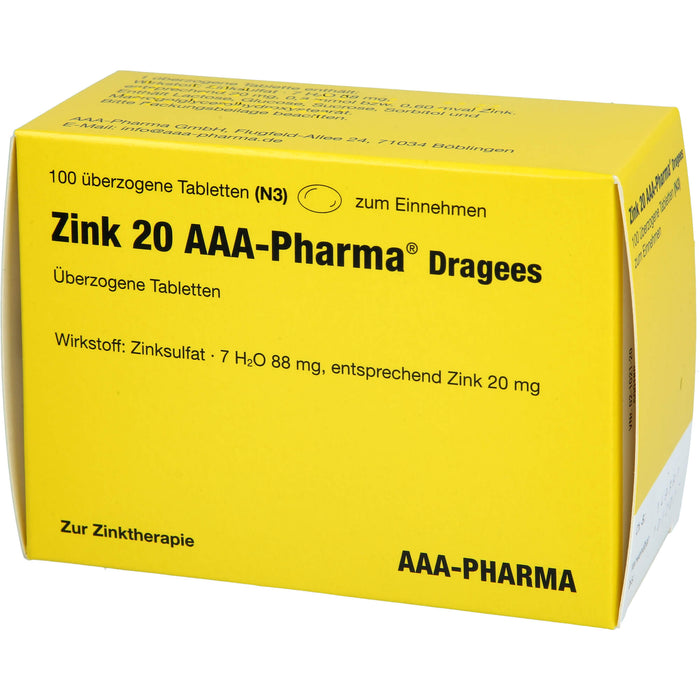Zink 20 AAA-Pharma Dragees zur Zinktherapie, 100 pc Tablettes