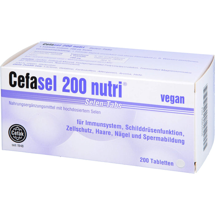 Cefasel 200 nutri Selen-Tabs Tabletten für Immunsystem, Schilddrüsenfunktion, Zellschutz, Haare, Nägel und Spermabildung, 200 pcs. Tablets