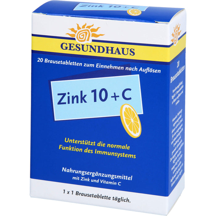 GESUNDHAUS Zink 10 + C Brausetabletten unterstützt das Immunsystem, 20 pcs. Tablets