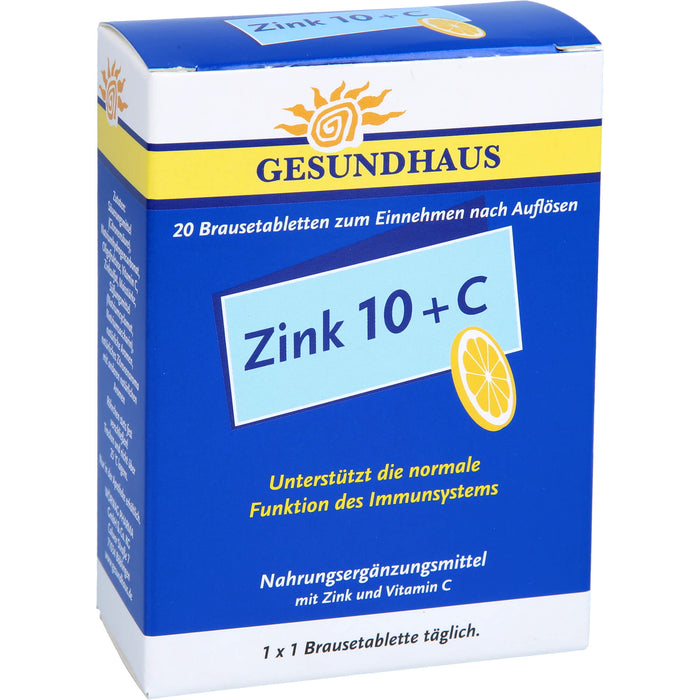 GESUNDHAUS Zink 10 + C Brausetabletten unterstützt das Immunsystem, 20 pcs. Tablets