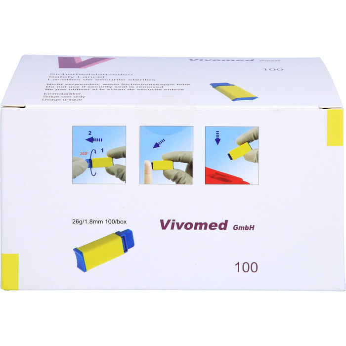 Vivomed Sicherheitsblutlanzetten gelb 26 G x 1,8 mm, 100 St. Packung