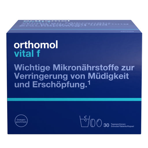 Orthomol Vital f für Frauen - bei Müdigkeit - mit B-Vitaminen, Omega-3-Fettsäuren und Magnesium - Orangen-Geschmack - Granulat/Tabletten/Kapseln, 30 St. Tagesportionen