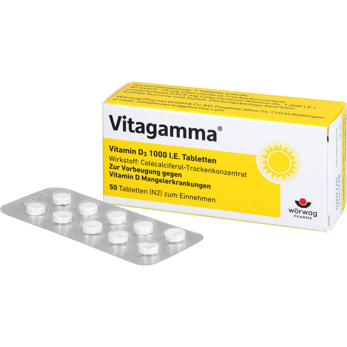 Wörwag Vitagamma Vitamin D3 1000 I.E. Tabletten zur Vorbeugung von Vitamin D Mangelerkrankungen, 50 St. Tabletten