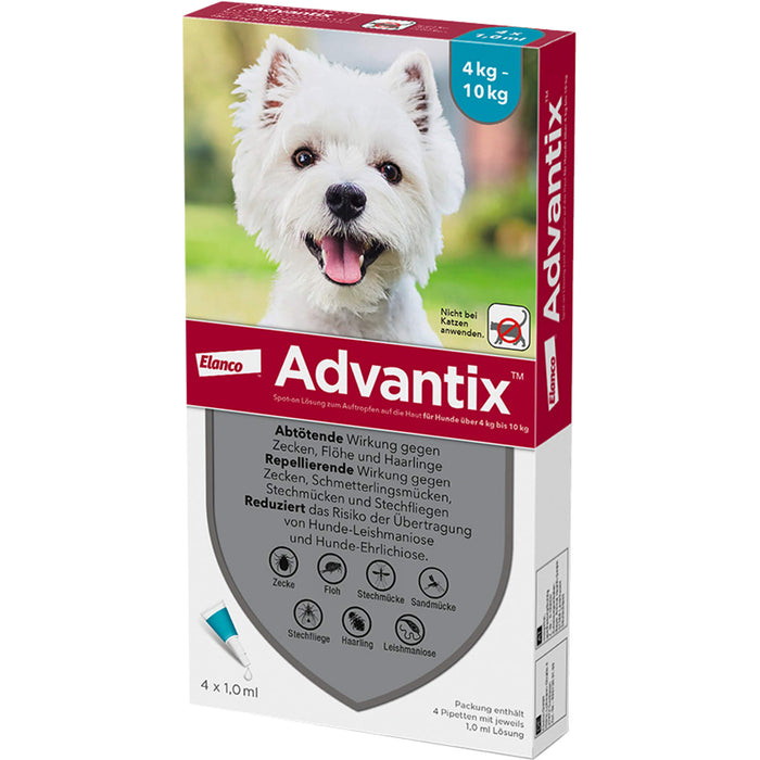 Advantix Spot-On 100 für kleine Hunde von 4 bis 10 kg Körpergewicht gegen Zecken, Flöhe und fliegende Insekten, 4 pcs. Single dose containers