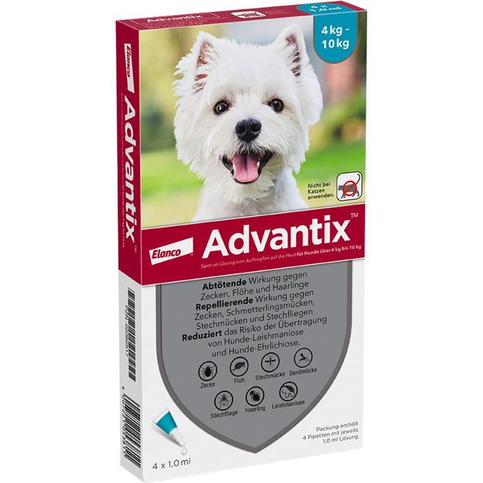 Advantix Spot-On 100 für kleine Hunde von 4 bis 10 kg Körpergewicht gegen Zecken, Flöhe und fliegende Insekten, 4 pcs. Single dose containers