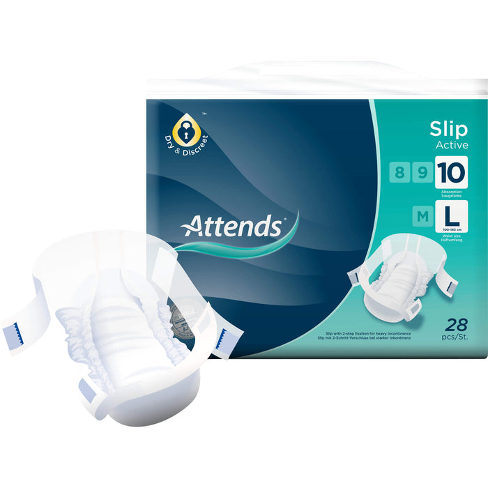 Attends Slip Active 10 Large bei starker Inkontinenz mit einem Taillen-/Hüftumfang von 100-145 cm, 28 pcs. Insoles
