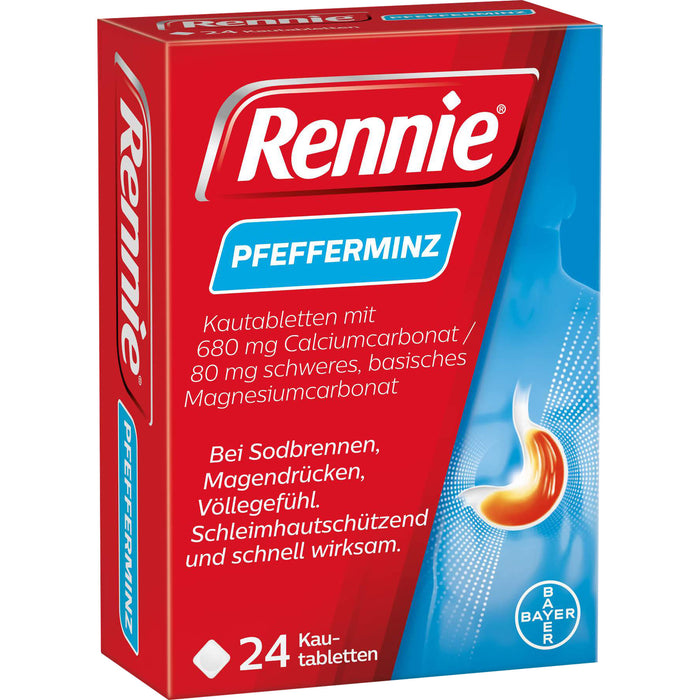 Rennie Pfefferminz Kautabletten bei Sodbrennen, 24 pc Tablettes