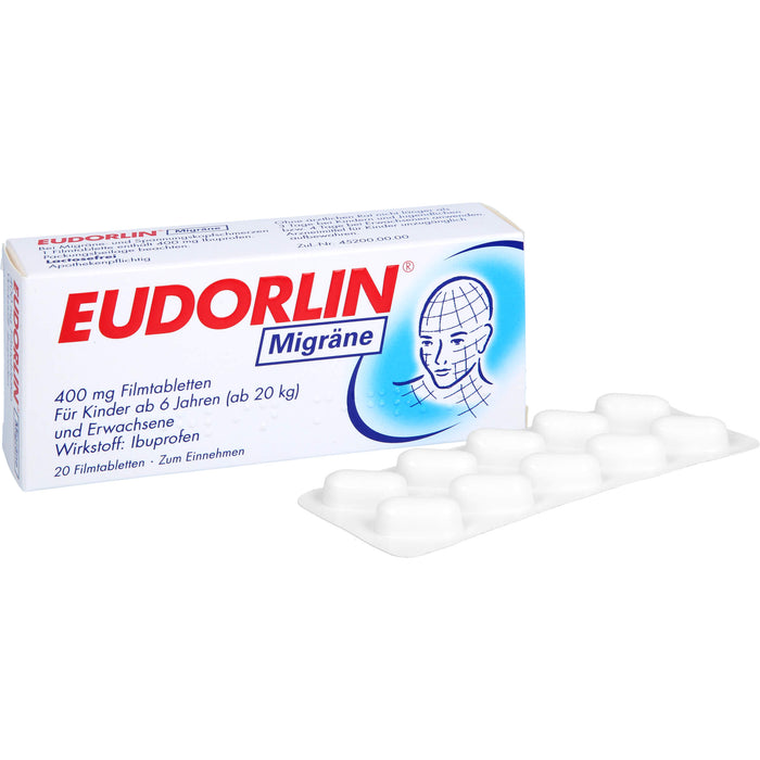 EUDORLIN Migräne 400 mg Filmtabletten zur Behandlung der akuten Kopfschmerzphase bei Migräne mit und ohne Aura, 20 pc Tablettes