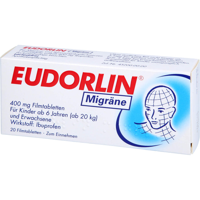EUDORLIN Migräne 400 mg Filmtabletten zur Behandlung der akuten Kopfschmerzphase bei Migräne mit und ohne Aura, 20 pc Tablettes