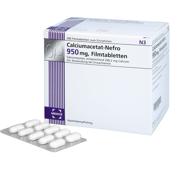 MEDICE Calciumacetat-Nefro 950 mg Filmtabletten zur Phosphatsenkung bei erhöhten Serumphosphatwerten, 200 pcs. Tablets