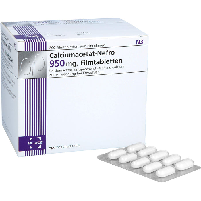 MEDICE Calciumacetat-Nefro 950 mg Filmtabletten zur Phosphatsenkung bei erhöhten Serumphosphatwerten, 200 pcs. Tablets