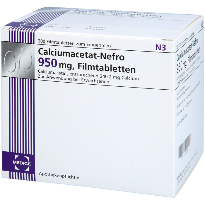 MEDICE Calciumacetat-Nefro 950 mg Filmtabletten zur Phosphatsenkung bei erhöhten Serumphosphatwerten, 200 pcs. Tablets