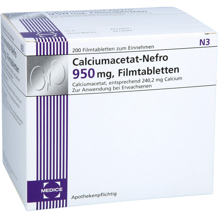MEDICE Calciumacetat-Nefro 950 mg Filmtabletten zur Phosphatsenkung bei erhöhten Serumphosphatwerten, 200 pcs. Tablets
