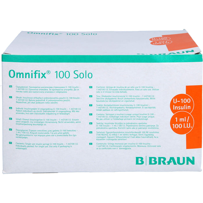 Omnifix 100 Solo Einmal-Insulinspritze für U-100-Insulin ohne Kanüle zur subkutanen Insulininjektion, 100 St. Spritzen