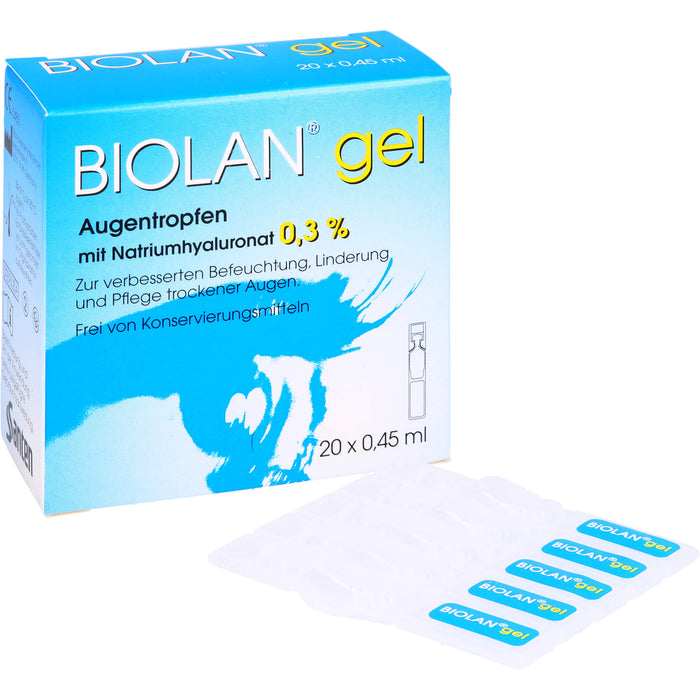 BIOLAN Gel Augentropfen mit Natriumhyaluronat 0,3% für trockene Augen, 20 pcs. Single-dose pipettes