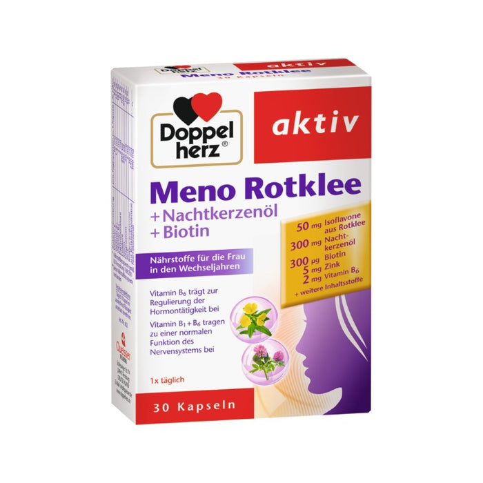 Doppelherz aktiv Meno Rotklee + Nachtkerzenöl + Biotin Kapseln für Frauen in den Wechseljahren, 30 pcs. Capsules