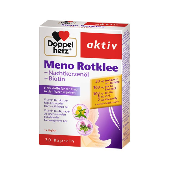 Doppelherz aktiv Meno Rotklee + Nachtkerzenöl + Biotin Kapseln für Frauen in den Wechseljahren, 30 pcs. Capsules