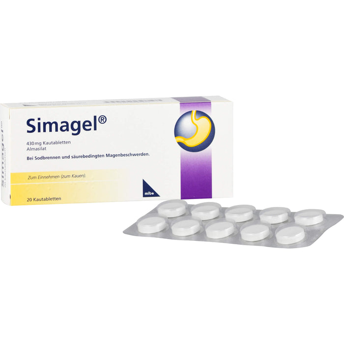 Simagel 430 mg Kautabletten bei Sodbrennen und säurebedingte Magenbeschwerden, 20 pcs. Tablets