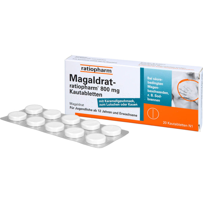 Magaldrat-ratiopharm 800 mg Kautabletten bei säurebedingten Magenschmerzen und Sodbrennen, 20 pcs. Tablets