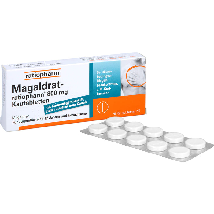 Magaldrat-ratiopharm 800 mg Kautabletten bei säurebedingten Magenschmerzen und Sodbrennen, 20 pcs. Tablets