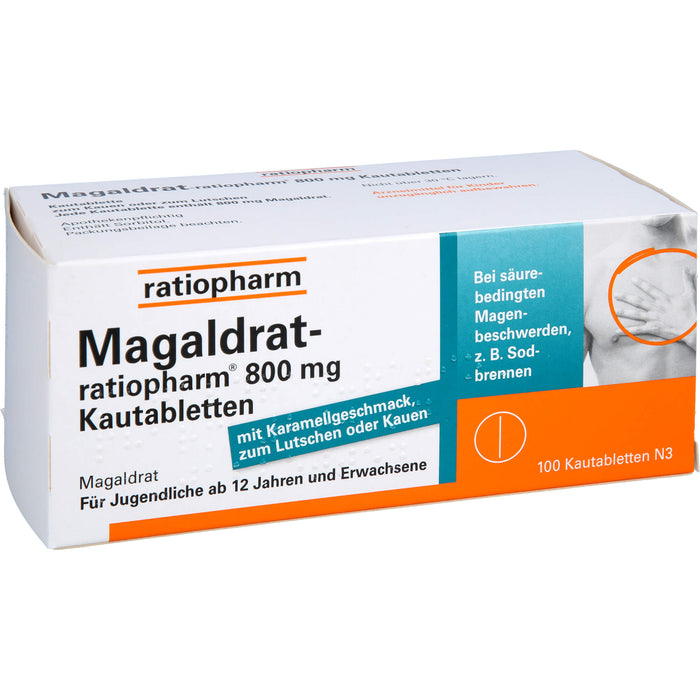 Magaldrat-ratiopharm 800 mg Kautabletten bei säurebedingten Magenbeschwerden z.B.  Sodbrennen, 100 pc Tablettes
