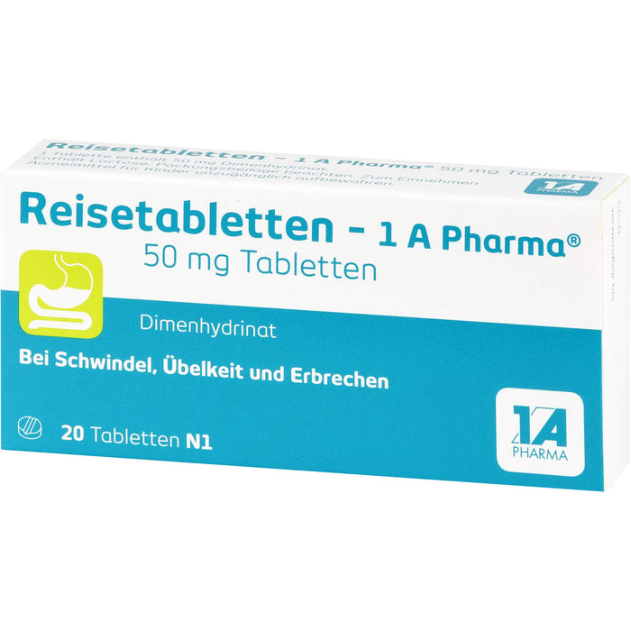 Reisetabletten - 1A Pharma bei Schwindel, Übelkeit und Erbrechen, 20 pc Tablettes