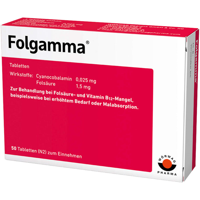 Folgamma Tabletten bei Folsäure und Vitamin B12 Mangel, 50 pc Tablettes