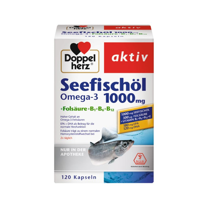 Doppelherz aktiv Seefischöl Omega-3 1000 mg + Folsäure Kapseln für eine normale Herzfunktion, 120 St. Kapseln