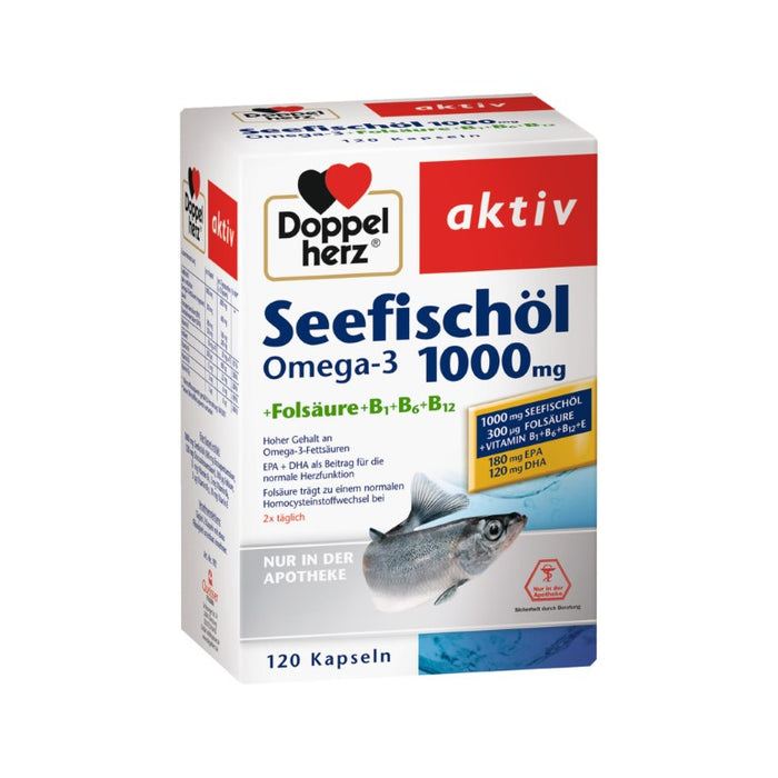 Doppelherz aktiv Seefischöl Omega-3 1000 mg + Folsäure Kapseln für eine normale Herzfunktion, 120 pcs. Capsules