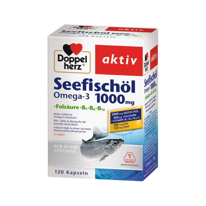 Doppelherz aktiv Seefischöl Omega-3 1000 mg + Folsäure Kapseln für eine normale Herzfunktion, 120 pcs. Capsules