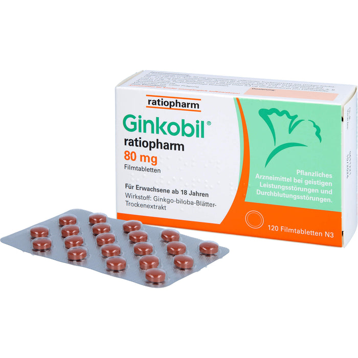 Ginkobil ratiopharm 80 mg Filmtabletten bei geistigen Leistungsstörungen und Durchblutungsstörungen, 120 pc Tablettes