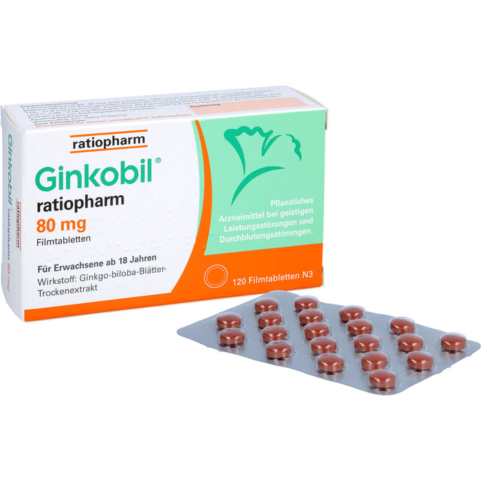 Ginkobil ratiopharm 80 mg Filmtabletten bei geistigen Leistungsstörungen und Durchblutungsstörungen, 120 pc Tablettes