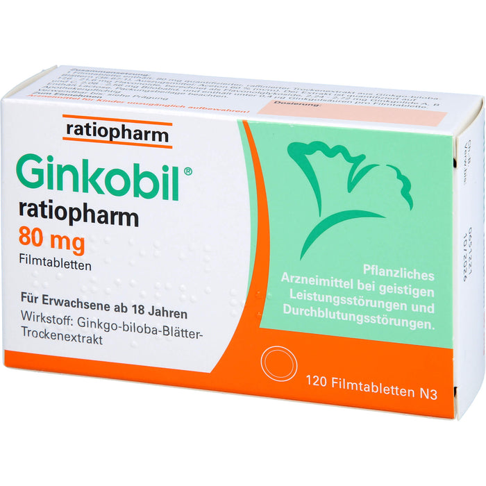 Ginkobil ratiopharm 80 mg Filmtabletten bei geistigen Leistungsstörungen und Durchblutungsstörungen, 120 pc Tablettes