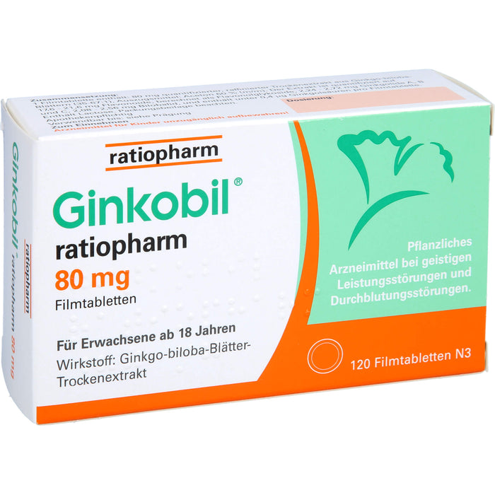 Ginkobil ratiopharm 80 mg Filmtabletten bei geistigen Leistungsstörungen und Durchblutungsstörungen, 120 pc Tablettes