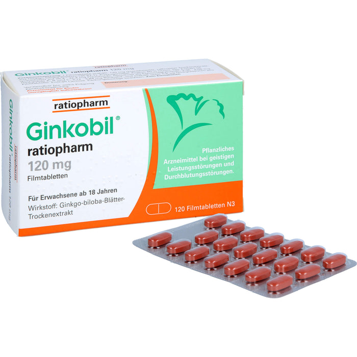 Ginkobil ratiopharm 120 mg Filmtabletten bei geistigen Leistungsstörungen und Durchblutungsstörungen, 120 pc Tablettes