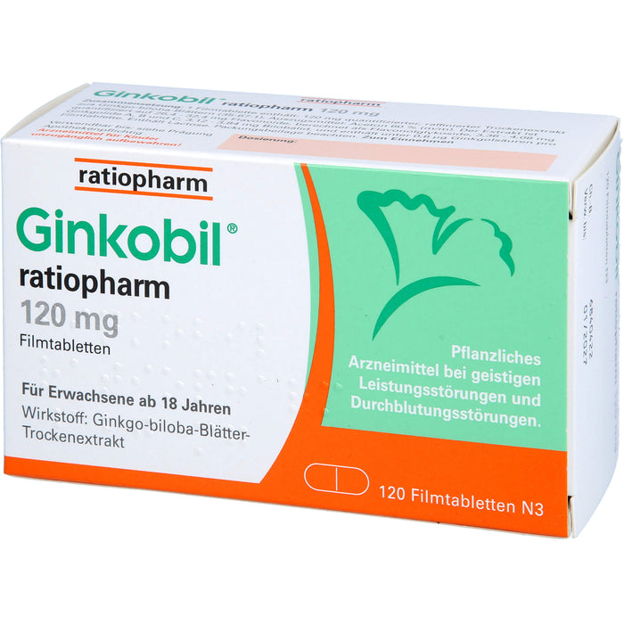 Ginkobil ratiopharm 120 mg Filmtabletten bei geistigen Leistungsstörungen und Durchblutungsstörungen, 120 pc Tablettes