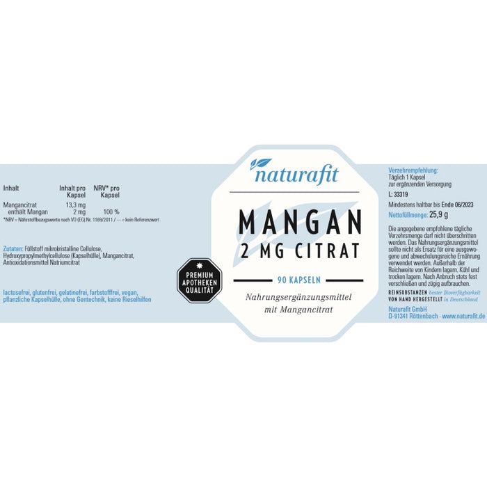 naturafit Mangan 2 mg Citrat Kapseln, 90 pc Capsules