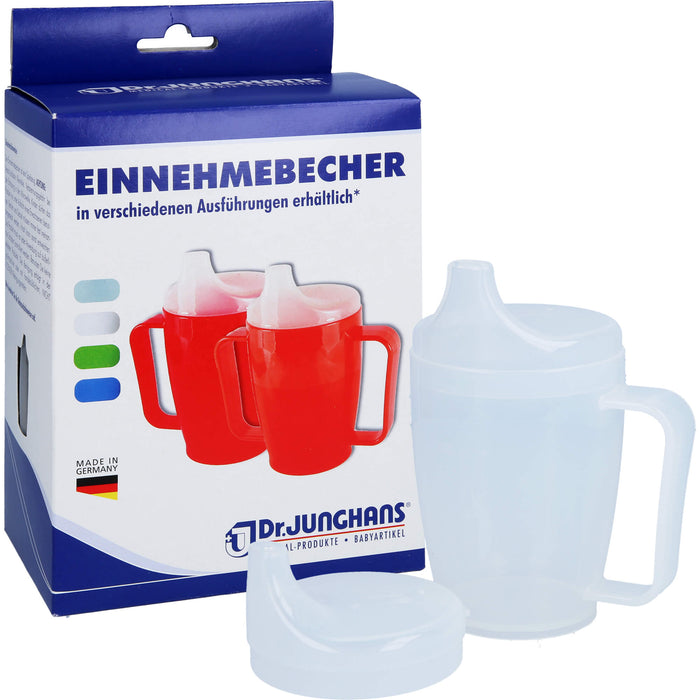 Dr. Junghans Einnehmebecher 250 ml mit Griff weiß 2 Deckel 4 und 12 mm, 1 pc Gobelet