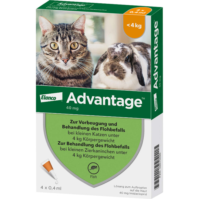 advantage 40 mg zur Vorbeugung und Behandlung des Flohbefalls bei Katzen und Zierkaninchen bis 4 kg, 4 pc Récipients à dose unique