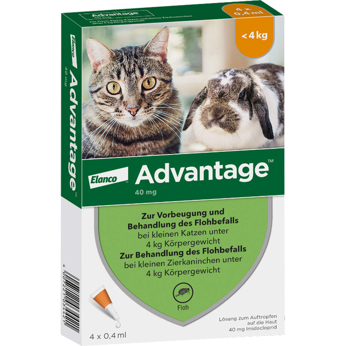 advantage 40 mg zur Vorbeugung und Behandlung des Flohbefalls bei Katzen und Zierkaninchen bis 4 kg, 4 pc Récipients à dose unique