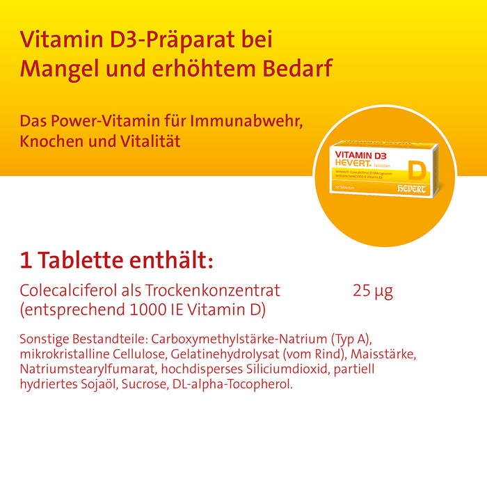 Vitamin D3 Hevert bei Mangel und erhöhtem Bedarf, 200 pc Tablettes